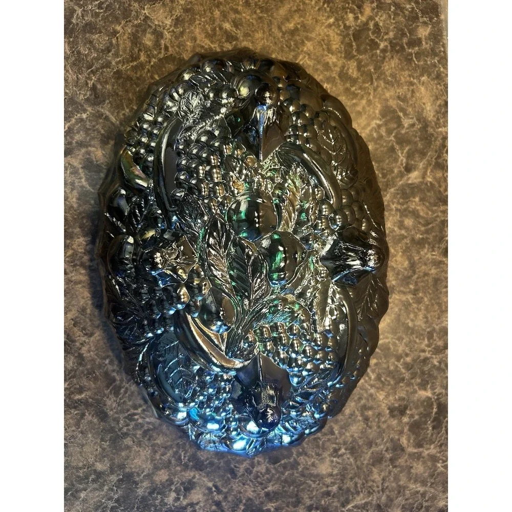 VTG Indiana Iridescent Carnival Glass BLUE Harvest Grape Footed Fruit Bowl